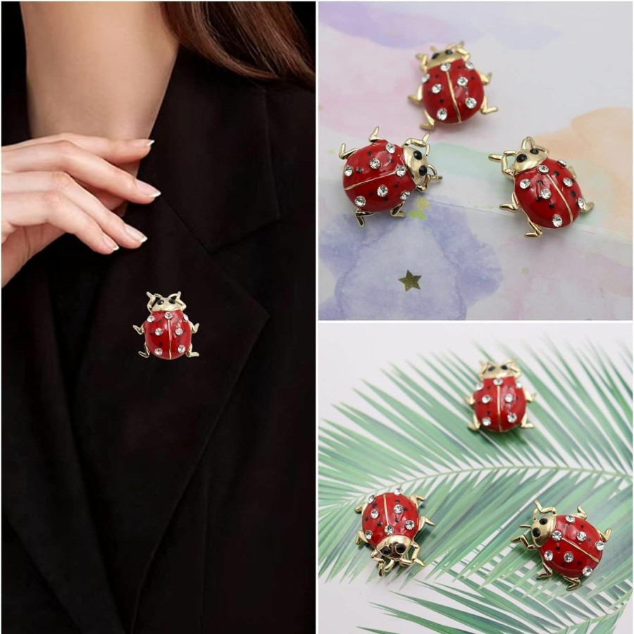 MLEPUS 3 Pack Ladybug Brooch Pin Crystal Insect Cute Animal Enamel Lapel Safety Pin Fashion Ladies Jewelry Gift Wholesale