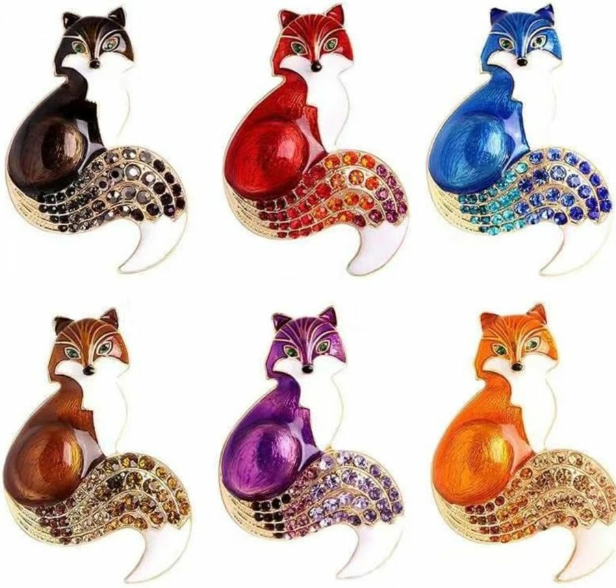 Generic Golden Strawberry 6 Pcs Fox Brooch Pins Elegant Enamel Rhinestone Crystal Color Animal Brooches Pin Fashion Set For Women Wholesale