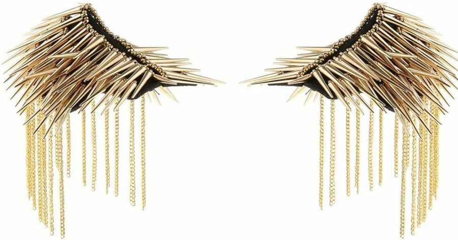 KODORIA 1 Pair Shoulder Epaulet Crystal Rhinestone Punk Rivet Tassels Shoulder Board Arm Badge Brooch Gifts - Golden Clearance