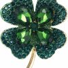 Dtja Rhinestone Green Clover Leaf Brooch Pin For Women Girls Uni Gold Plated Vintage Crystal Flower Brooches Lapel Pins Lucky Decor Dress Accessories St Patrick'S Day Holiday Christmas Jewelry Gift Clearance