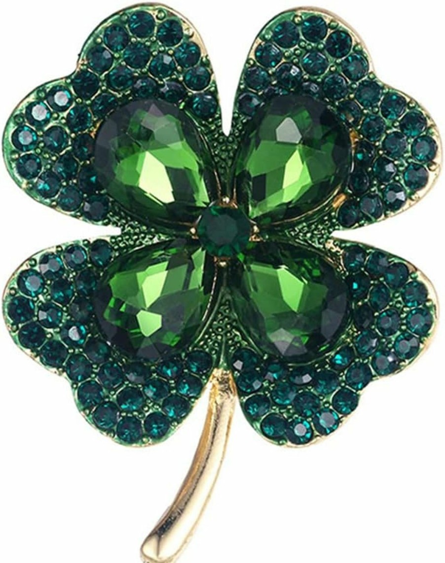 Dtja Rhinestone Green Clover Leaf Brooch Pin For Women Girls Uni Gold Plated Vintage Crystal Flower Brooches Lapel Pins Lucky Decor Dress Accessories St Patrick'S Day Holiday Christmas Jewelry Gift Clearance