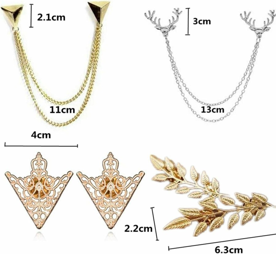 YouU Tfyu 4 Pcs Deer Head Double Link Chains, Gold Stud, Retro Hollow Pattern And Angle Triangle Tassels Collar Pins Brooch Clip Pin Brooches Shirt Collar Decoration Parts With Free Box Hot