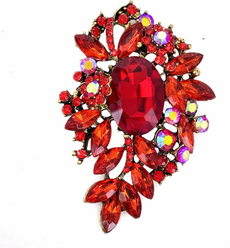 LAXPICOL Laxpicol Vintage Sparkly Austrian Crystal Flower Leaf Bouquet Clusters Big Large Brooch Pin For Women Gold Tone New