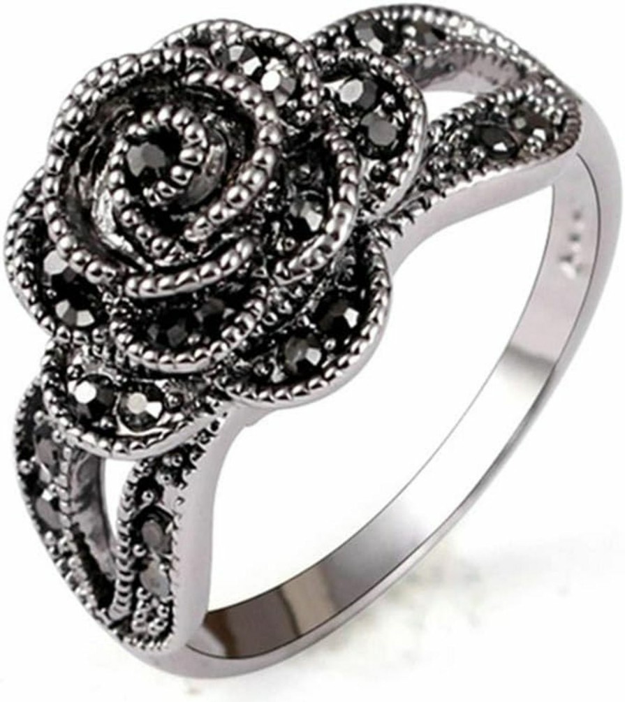 Zyoenxl Rhinestone Black Flower Finger Ring For Women Brand Jewelry Vintage Style Size 7-9 New