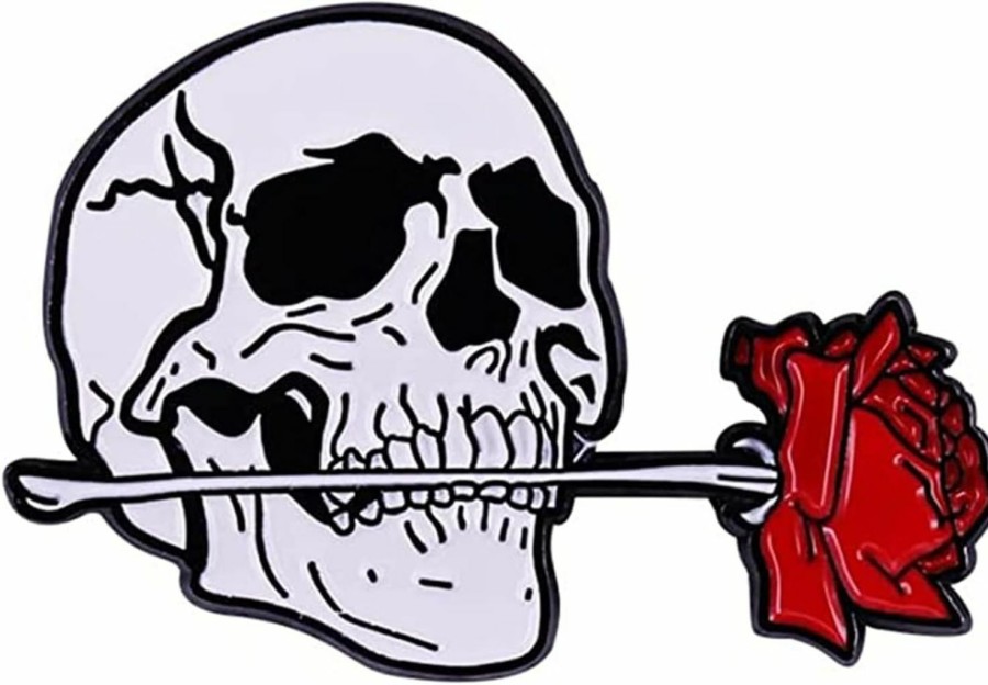 VNEWSCHI Red Rose Skull Enamel Pin Romantic Love Flowers Skeleton Brooch Skull And Red Rose Metal Enamel Lapel Badge Brooch Pin Lapel Pin Buckle Jewelry Gift For Friends Hot