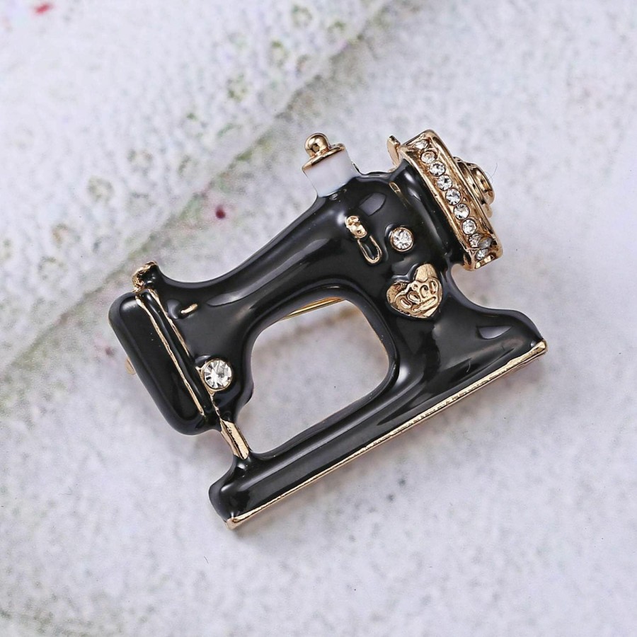 AILUOR Ailuor Vintage Gold With Black Enamel Crystal Sewing Machine Brooch Pin For Women Girl Jewelry Instrument Corsage Hot