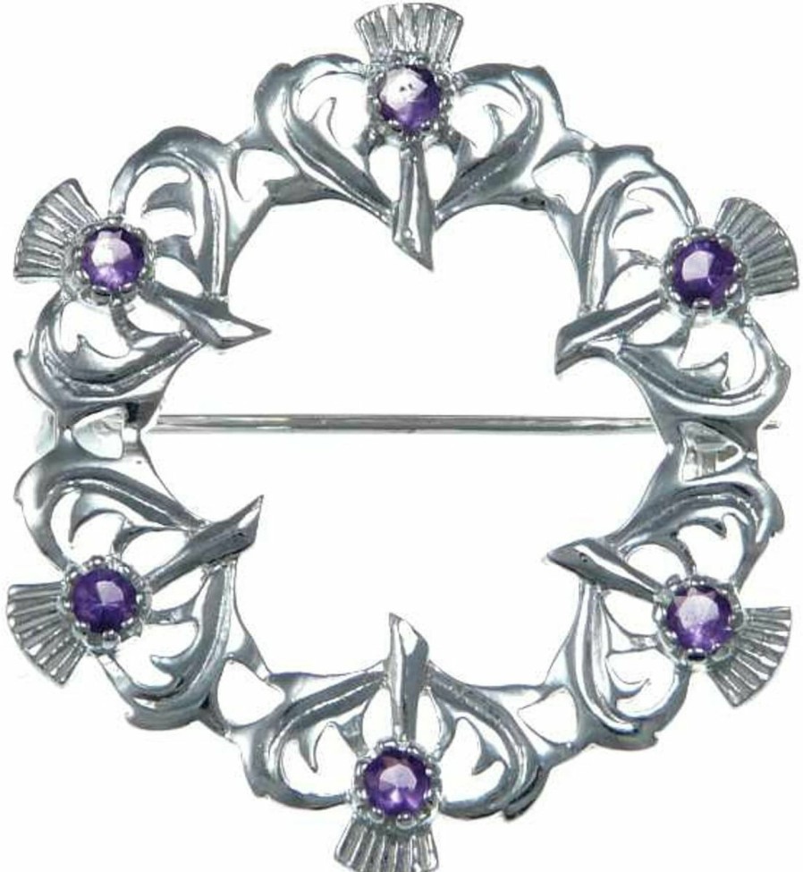 Alexander Castle Alexander Castle 925 Sterling Silver Scottish Thistle Brooch Pin With Real Amethyst Stones & Jewelry Gift Box - Scottish Gift For Women Best