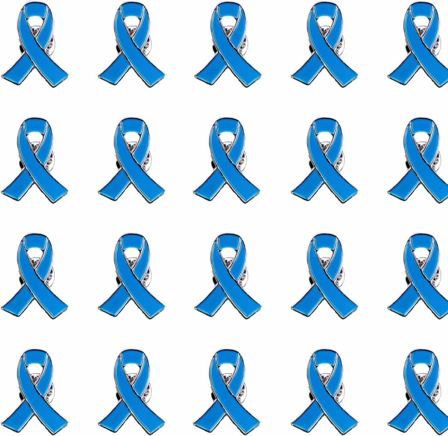 Mzztino Blue Ribbon Pin 20 Pcs Colon Cancer Prostate Cancer Awareness Pin Blue Brooch Enamel Lapel Pins Wholesale