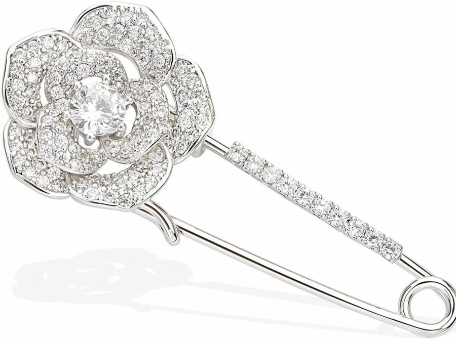 YYBONNIE Yybonnie Silver Tone Sparking Micro Pave Layered Petal Cz Rose Flower Cardigan Sweater Safety Pin Brooch Best