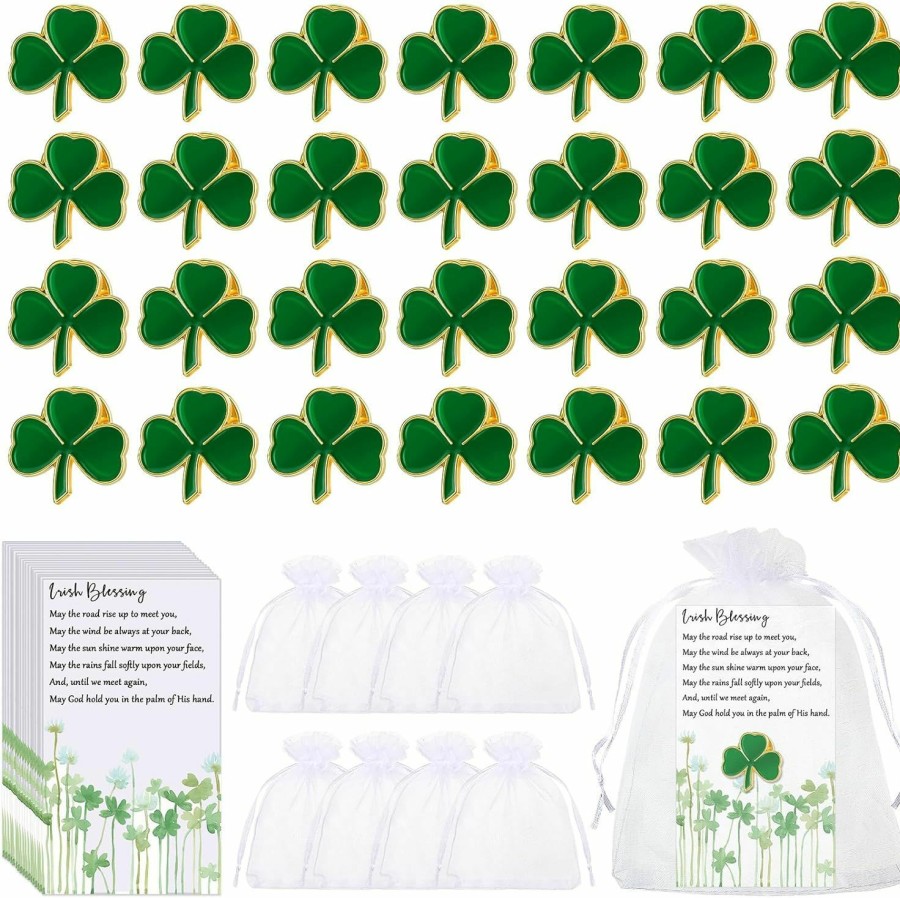 Inbagi St. Patrick'S Day Clover Lapel Pins Shamrock Pins Brooches Patrick Day Favors Good Luck Three Leaf Pins With Blessing Cards And Organza Gift Bags Patrick Day Gift Irish Festivals Gift Wholesale