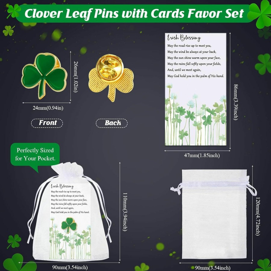 Inbagi St. Patrick'S Day Clover Lapel Pins Shamrock Pins Brooches Patrick Day Favors Good Luck Three Leaf Pins With Blessing Cards And Organza Gift Bags Patrick Day Gift Irish Festivals Gift Wholesale